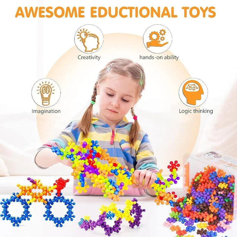 A girl is building colorful interlocking plastic blocks, demonstrating creativity and logic thinking.