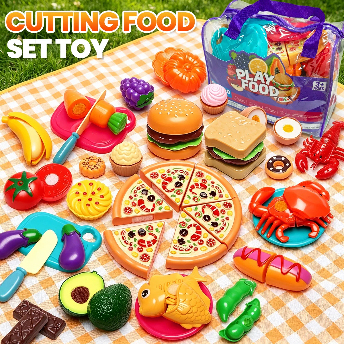 A colorful set of 81 pretend play food items including fruits vegetables and meats for kids