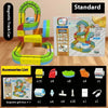 A yellow and green magnetic track car set with various accessories and instructions for building a train.
