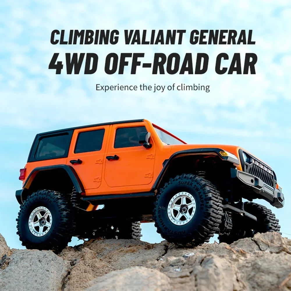 Orange 1:18 scale 4WD off-road RC Jeep climbing on rocky terrain.