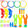 A collection of colorful diving rings, rings, and toys for swimming pool games featuring red, yellow, blue, green, and orange