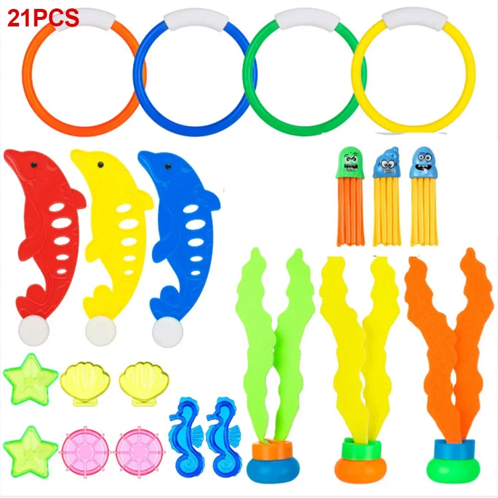 A collection of colorful diving rings, rings, and toys for swimming pool games featuring red, yellow, blue, green, and orange