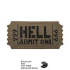 A brown woven patch with black text reading HELL ADMIT ONE featuring hook and loop closures.