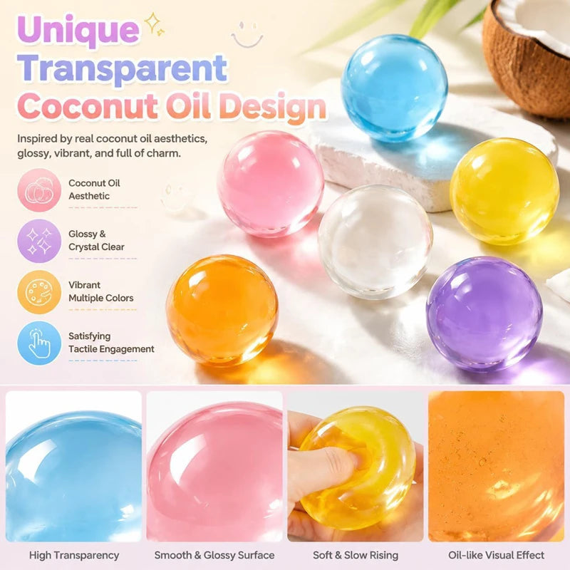 Colorful transparent coconut oil design squishy stress balls with various colors and textures