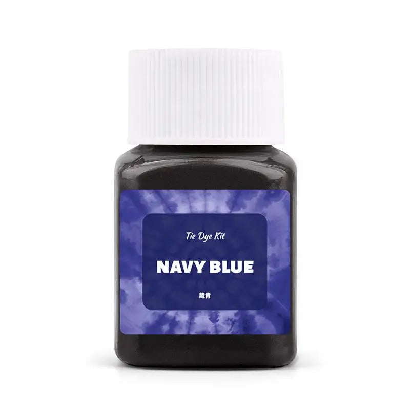 A dark bottle of Navy Blue textile fabric dye kit with a white cap and label.