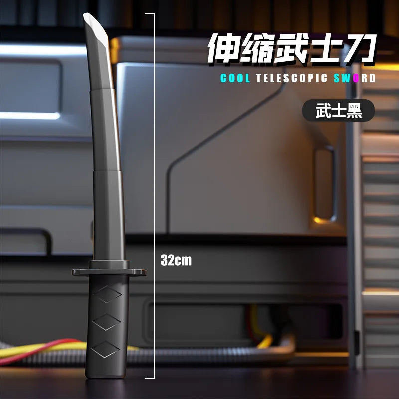 A black telescoping sword is shown against a dark background with a measurement scale.