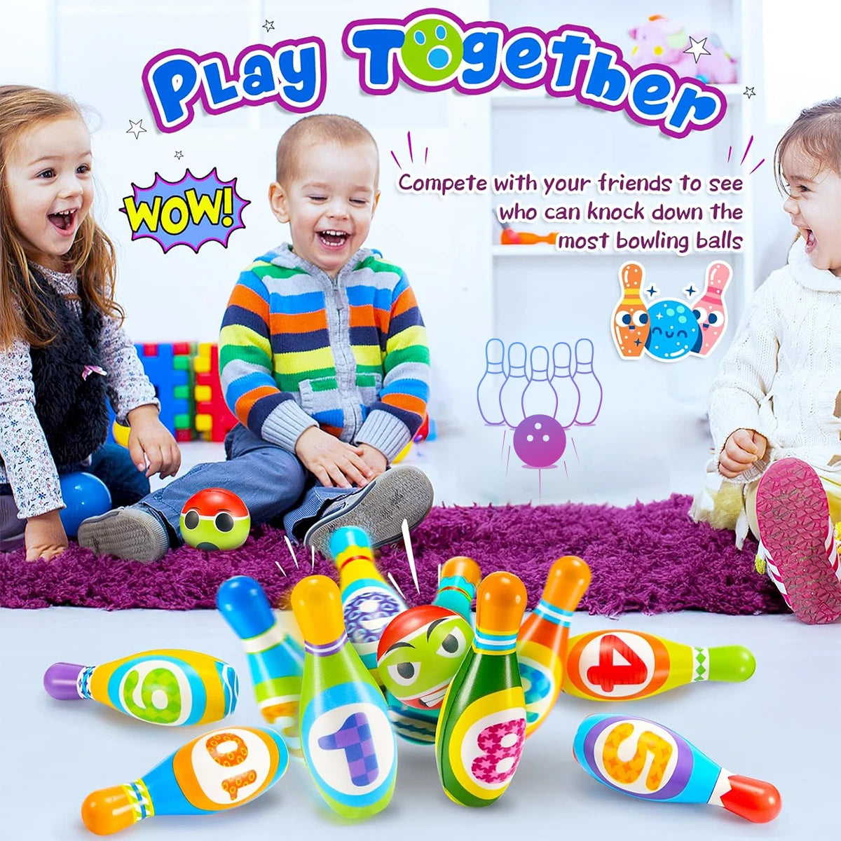 A colorful foam bowling set for kids featuring ten numbered pins and two soft balls laid out on a purple rug.
