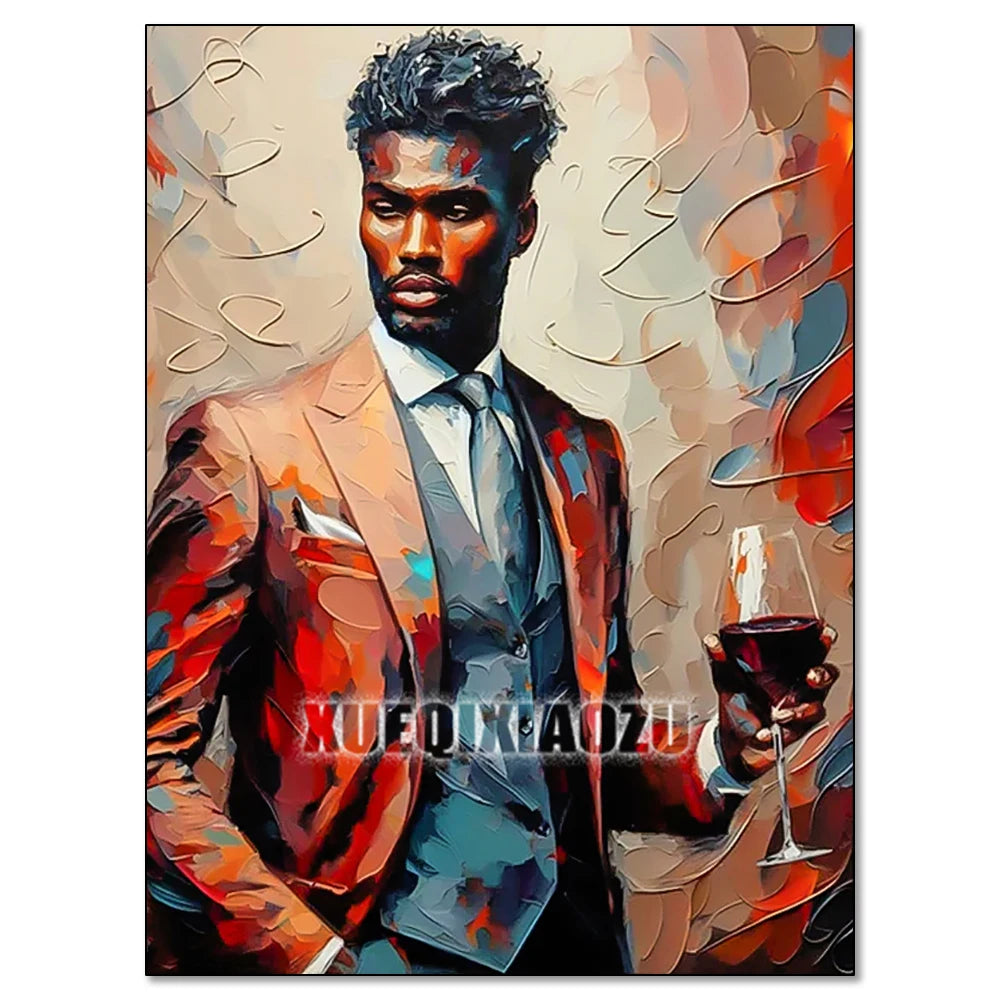 A painting of an African woman in a suit holding a glass of red wine.