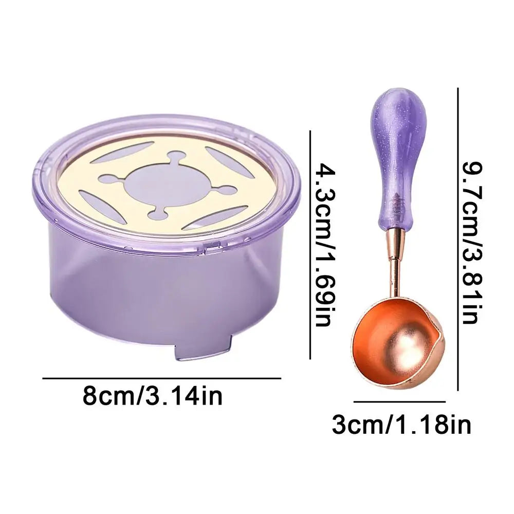 A purple wax seal melting kit featuring a pot, heater, and a metal spoon for sealing wax.