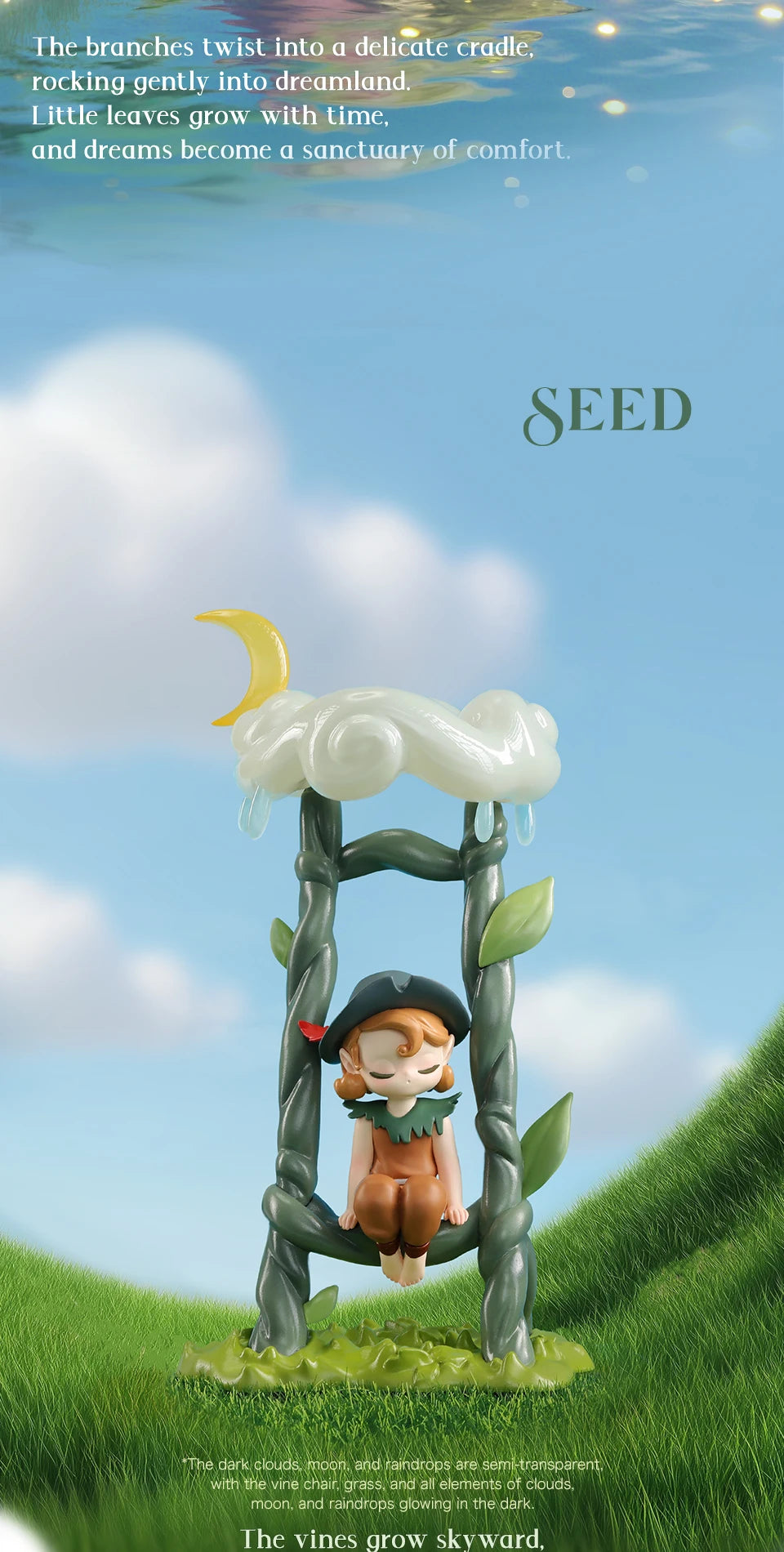 A small figure of a elf sits in a tree, surrounded by leaves and clouds, with text about dreams and comfort.