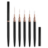 A set of five ultra-fine black nail art liner brushes with gold ferrules displayed vertically.
