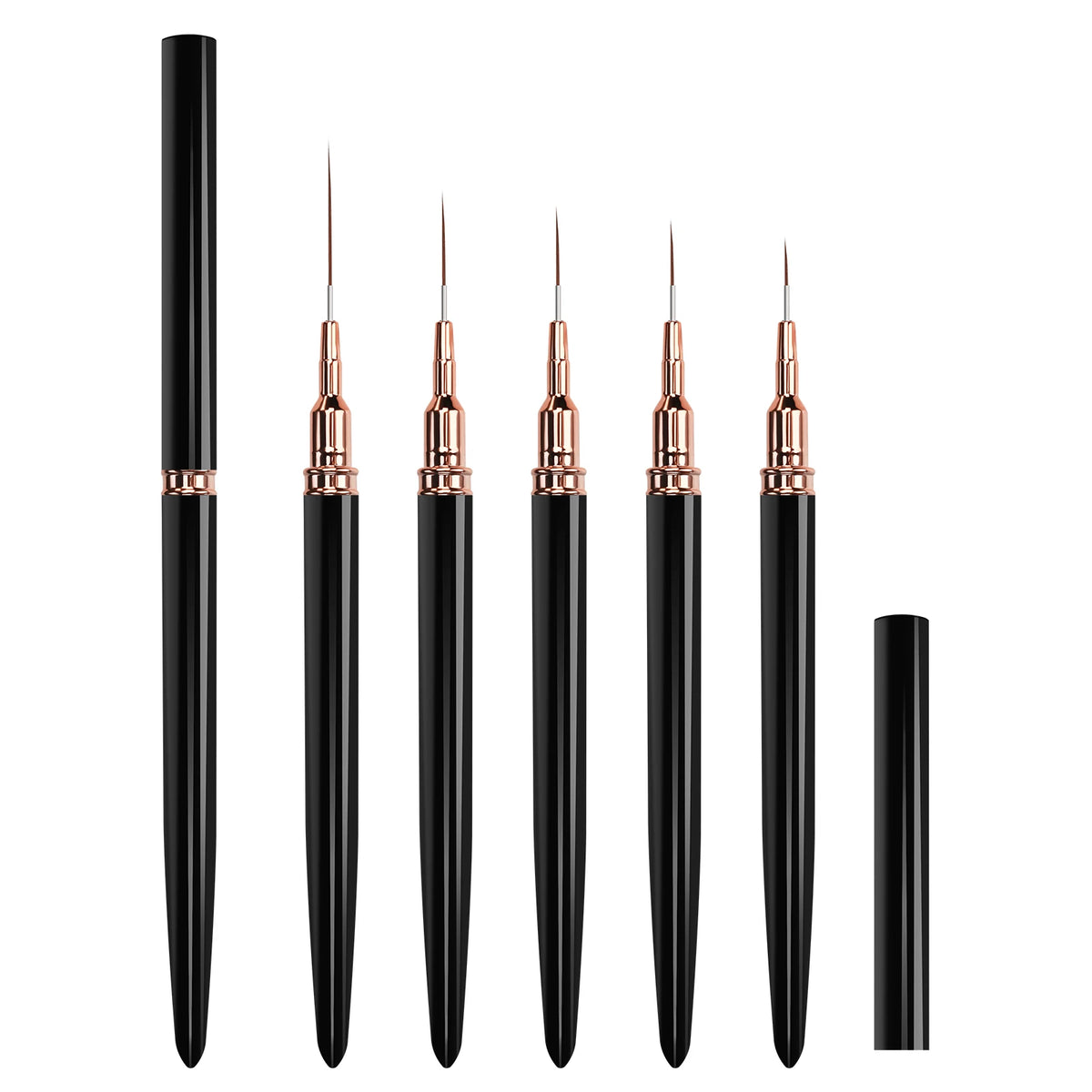 A set of five ultra-fine black nail art liner brushes with gold ferrules displayed vertically.