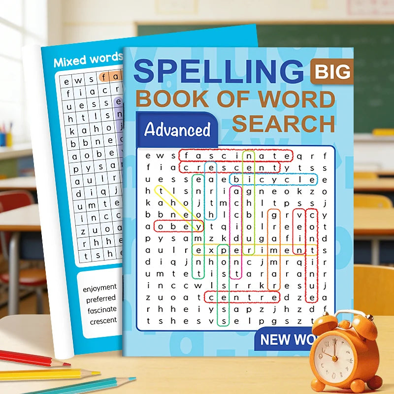 A colorful book titled Spelling Big Book of Word Search with puzzles and letters for word search practice