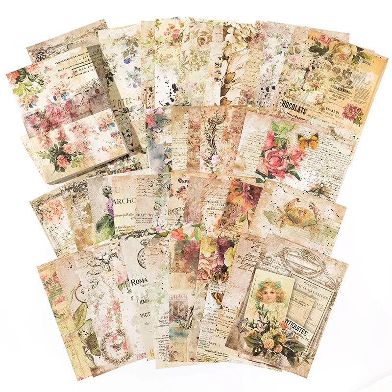 A collection of vintage scrapbook paper sheets featuring floral and botanical designs for crafting.