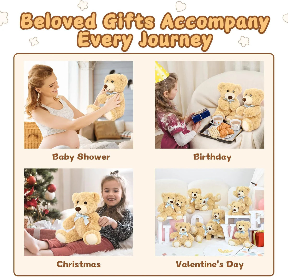 A collage showing plush teddy bears used as beloved gifts for baby showers, birthdays, Christmas, and Valentine's Day.
