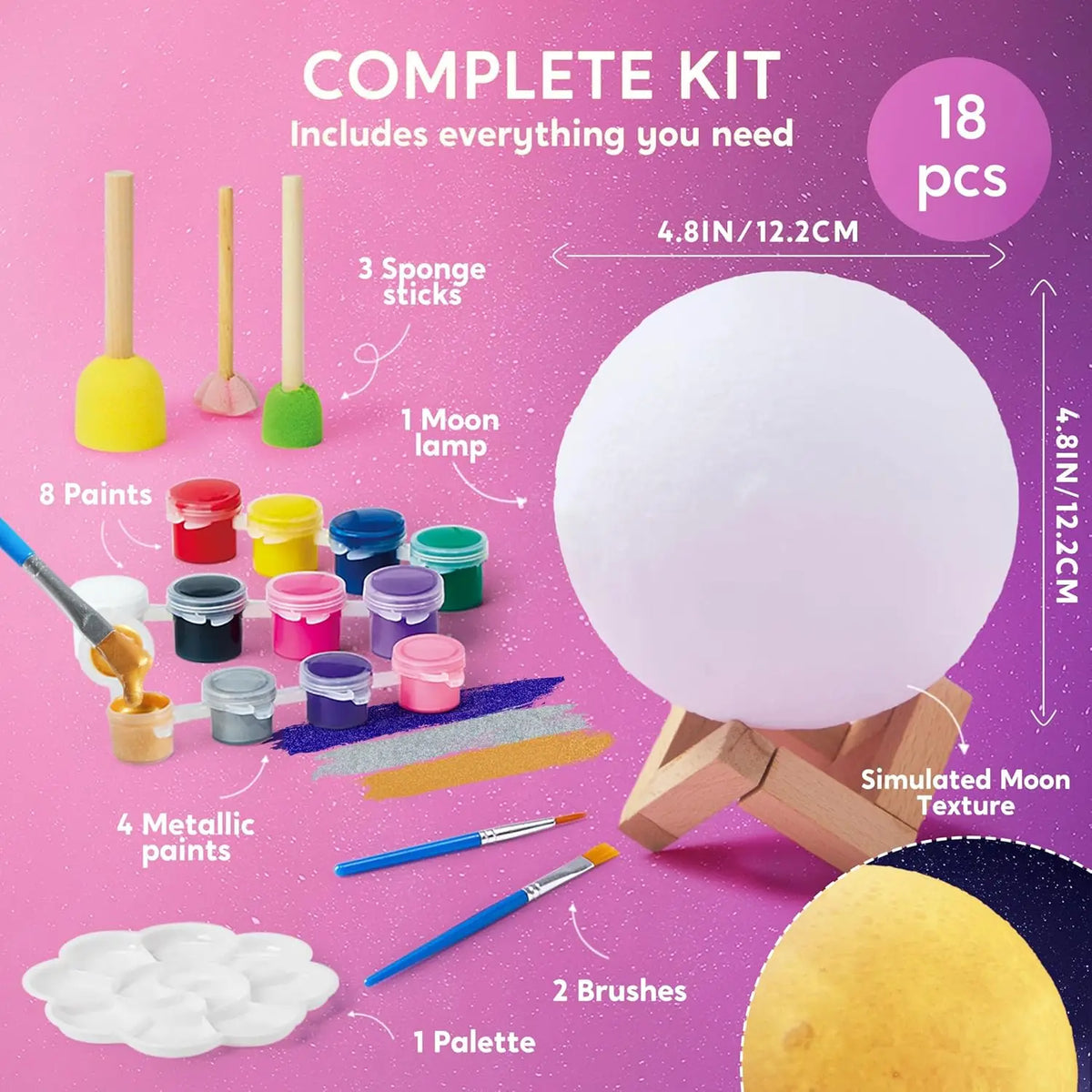 Complete kit for DIY 3D moon night light craft including sponges, paint, brushes, and palette