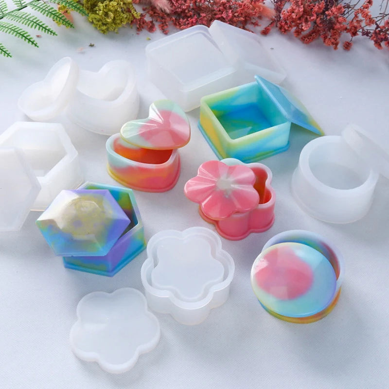 3-Piece Silicone Resin Mold Set with Lids — Heart, Hexagon & Flower Shapes
