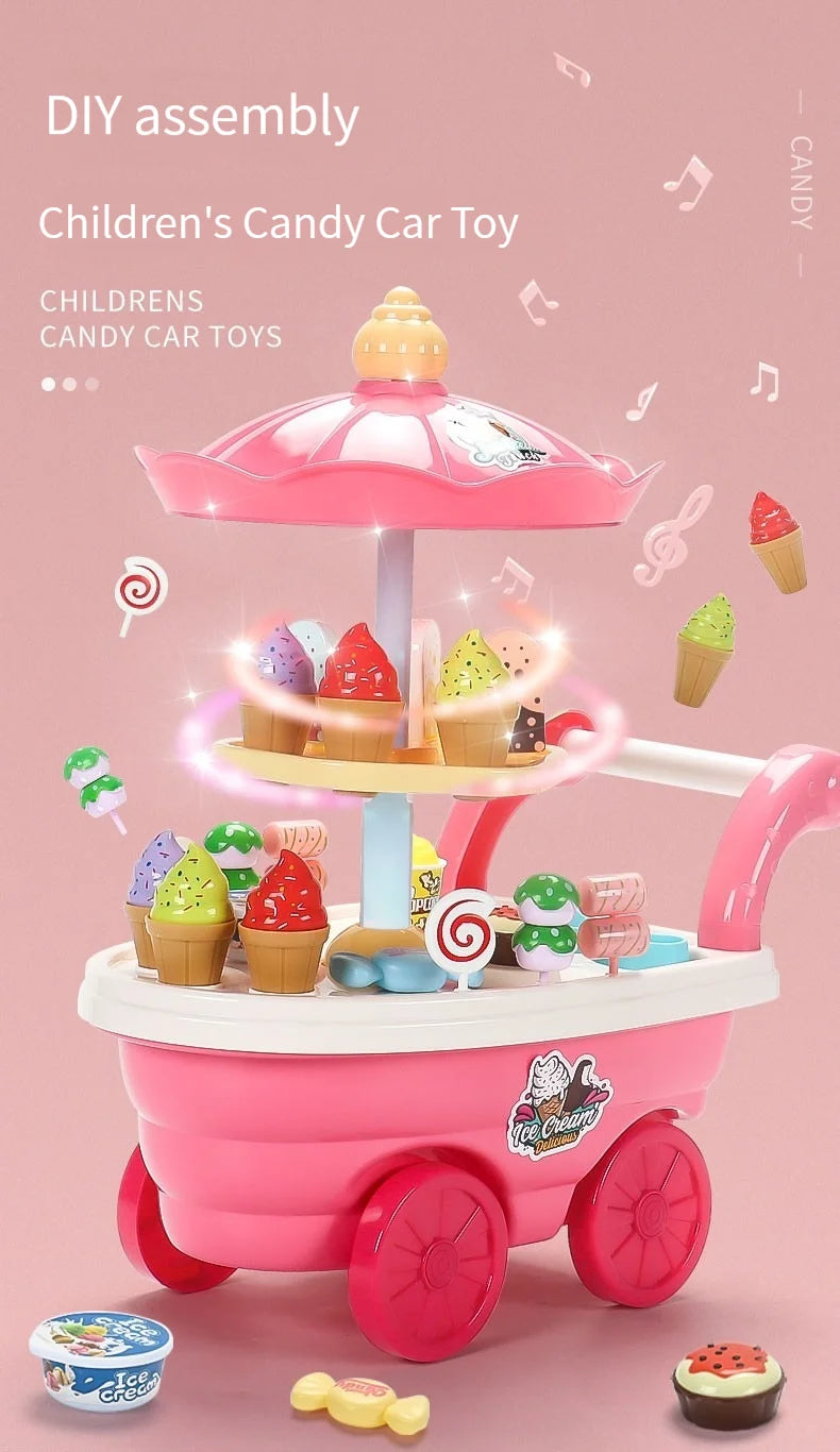 A pink children's candy car toy set featuring an ice cream truck design with various ice cream treats.