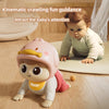 A pink and yellow baby doll designed for kinetic crawling fun guidance, sitting on a wooden floor.