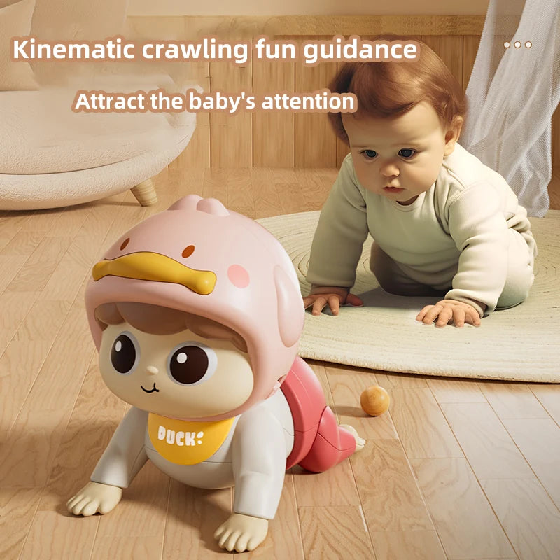 A pink and yellow baby doll designed for kinetic crawling fun guidance, sitting on a wooden floor.