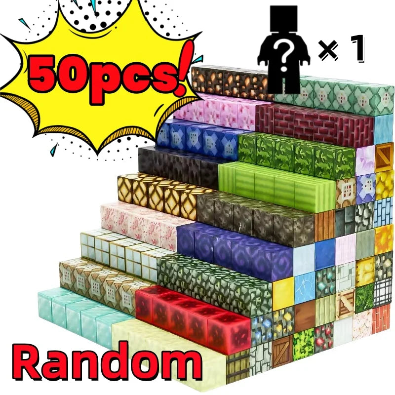 A stack of colorful magnetic building cubes in various shades and patterns, labeled as 50 pieces random.