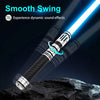 A premium metal lightsaber with a glowing blue blade is shown against a dark background.