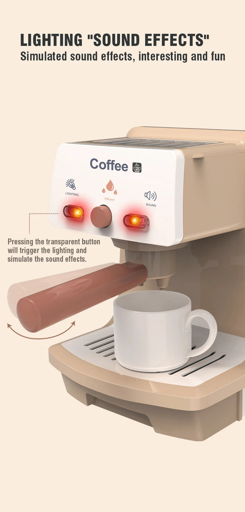 A coffee machine set designed for kids that simulates lighting and sound effects.