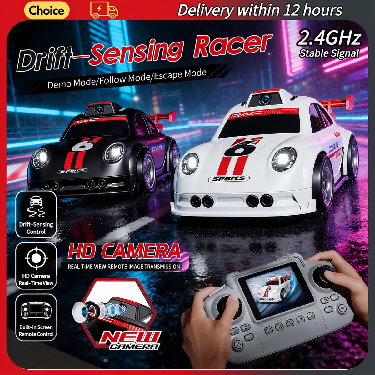 A white drift racing RC car is shown with a handheld remote control and an attached HD camera.