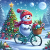A cute snowman wearing a red scarf rides a bicycle in a snowy winter landscape with a Christmas tree and moon in the backgrou
