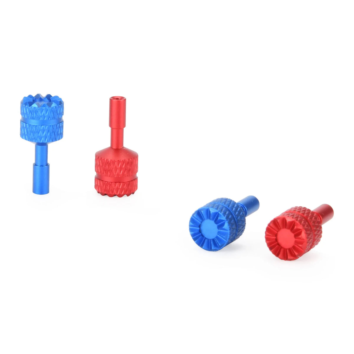Three precision CNC aluminum joystick thumb sticks in blue and red colors.