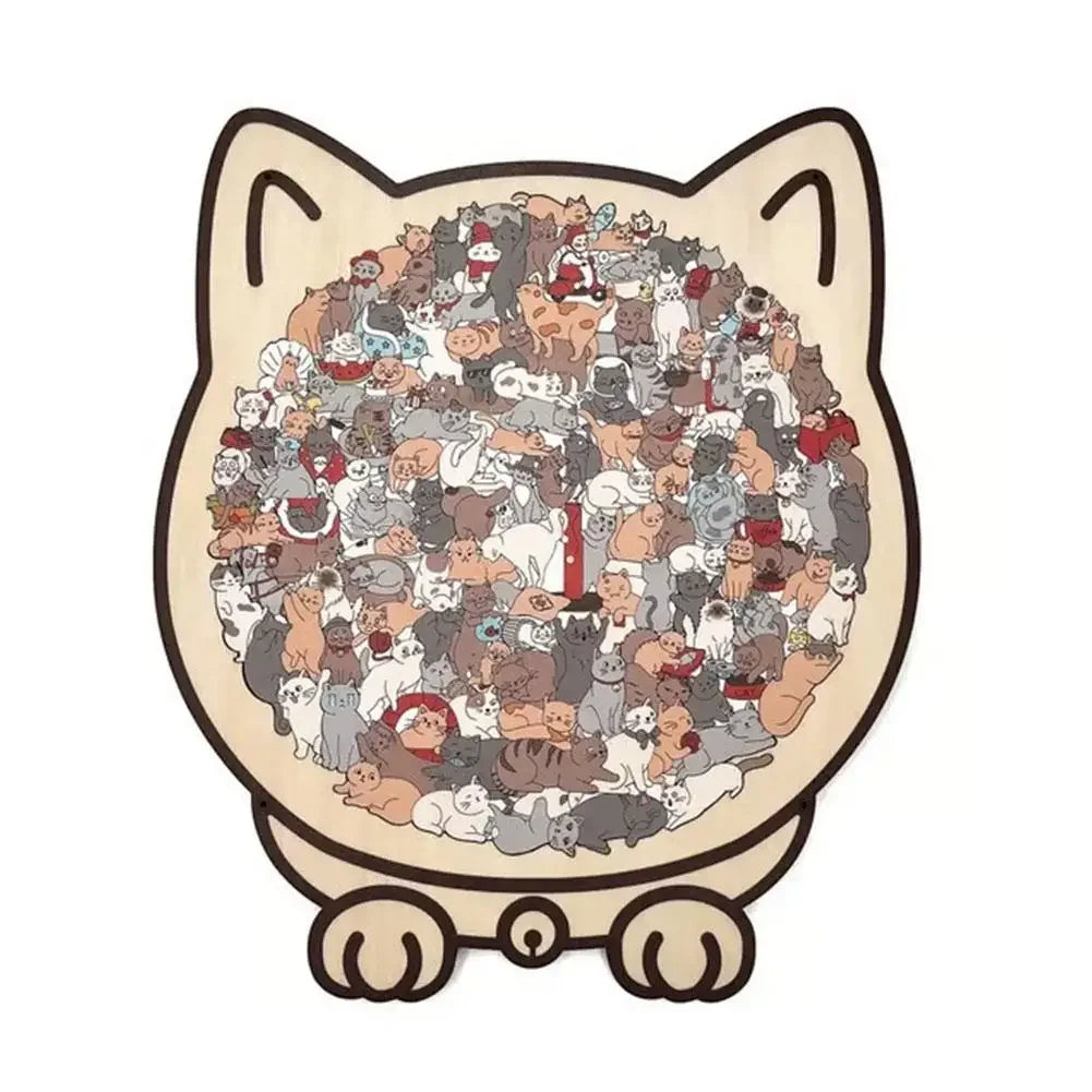 A wooden jigsaw puzzle shaped like a cat, featuring 135 unique pieces.