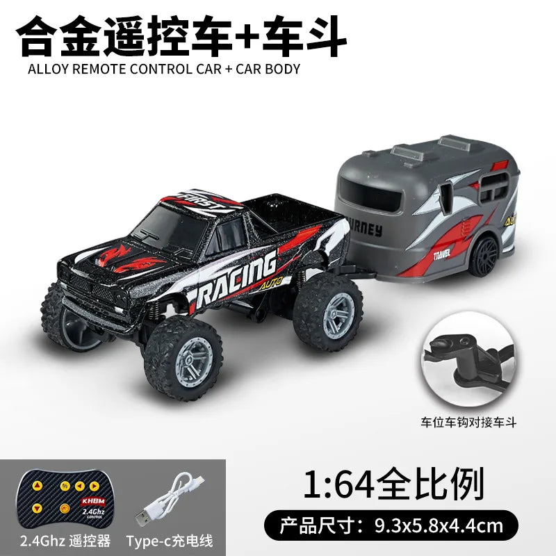 A black and red 1:64 scale remote control monster truck with a gray body, shown next to an accessory.