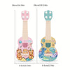 A wooden ukulele toy with a pink and blue design featuring cute dinosaur characters.