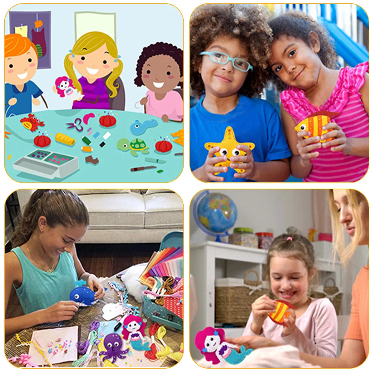 A collection of felt woodland animals, including a bear, fox, and other creatures, used in a sewing kit for children.