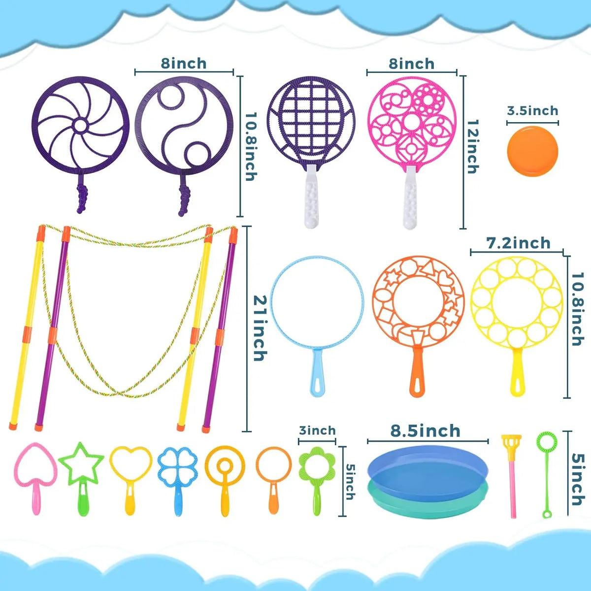 A collection of giant bubble wands and related tools including various sizes and trays for outdoor fun.