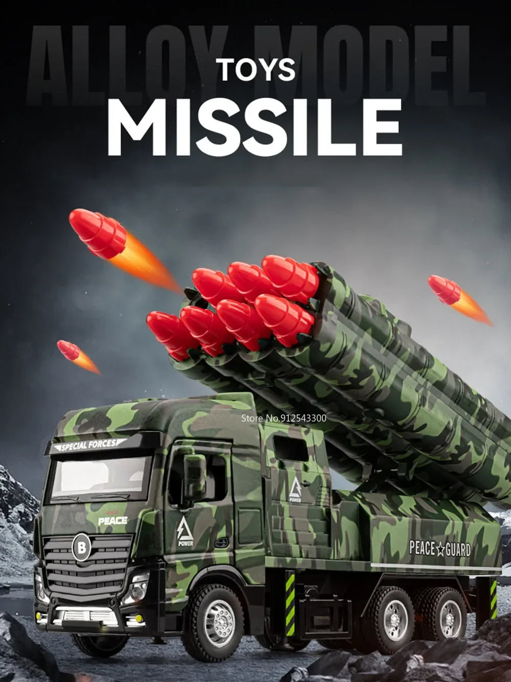 A diecast military missile truck toy is shown launching a missile against a dark background.