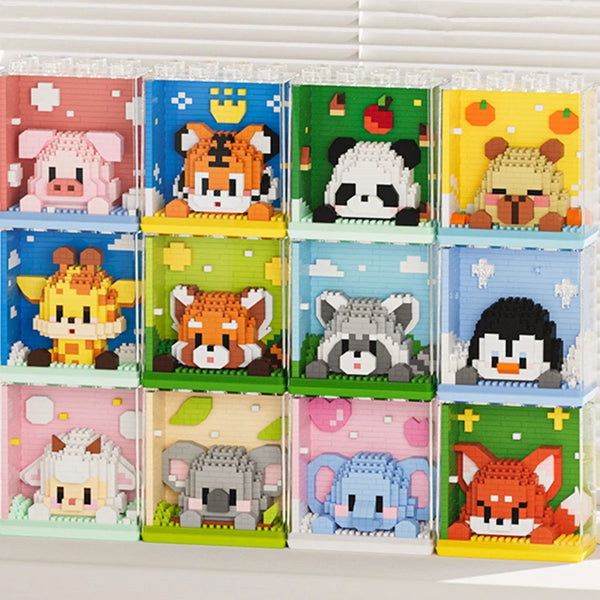A collection of mini animal building blocks featuring various cute animals like pandas, tigers, and foxes in colorful plastic