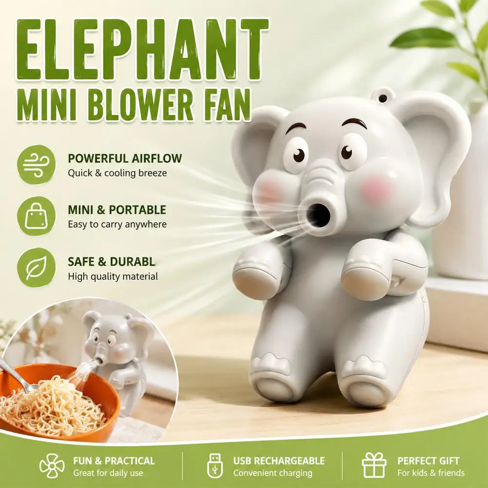 A cute, white elephant-shaped mini blower fan is shown with airflow emanating from its mouth.