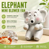A cute, white elephant-shaped mini blower fan is shown with airflow emanating from its mouth.