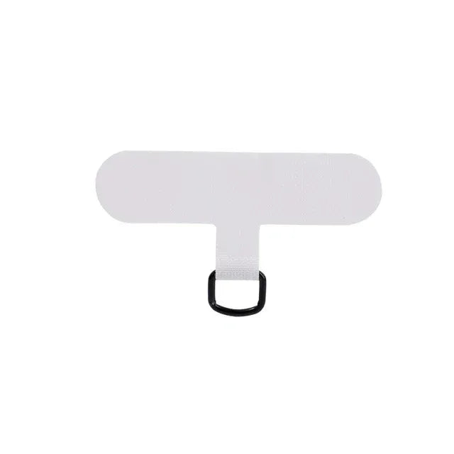 A white, rectangular detachable phone lanyard strap with a small loop for holding a device.