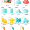 Kids beach sand play set featuring a bucket, shovel, and various plastic sand molds and tools.