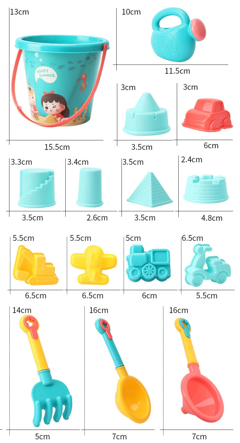 Kids beach sand play set featuring a bucket, shovel, and various plastic sand molds and tools.