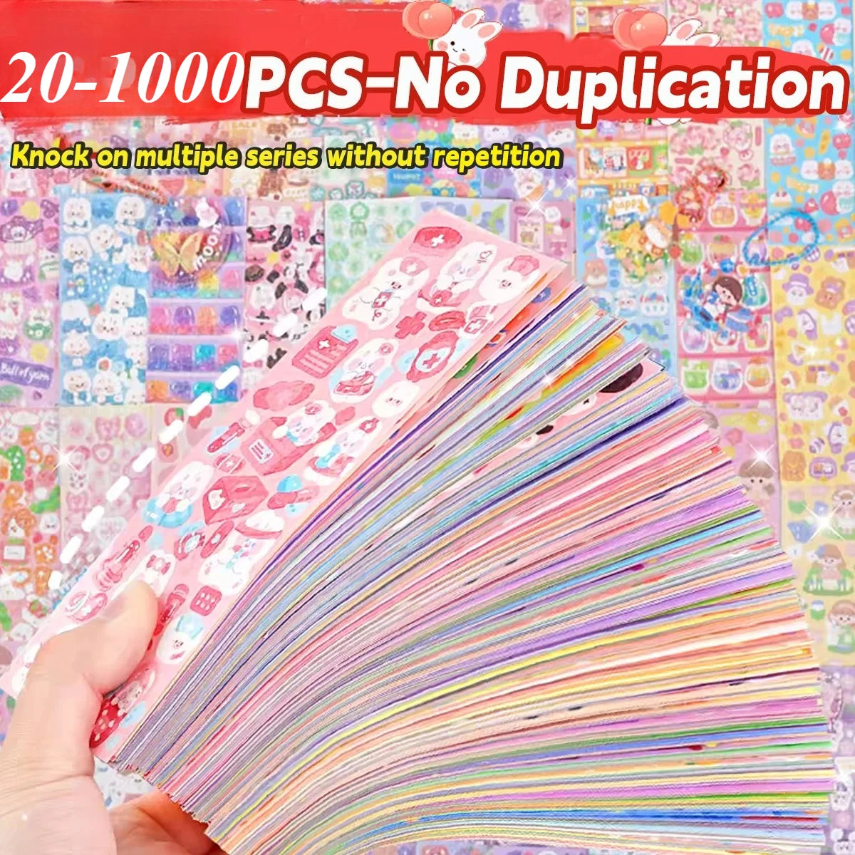 A hand holds a fan of colorful kawaii cartoon stickers for DIY crafts and school supplies