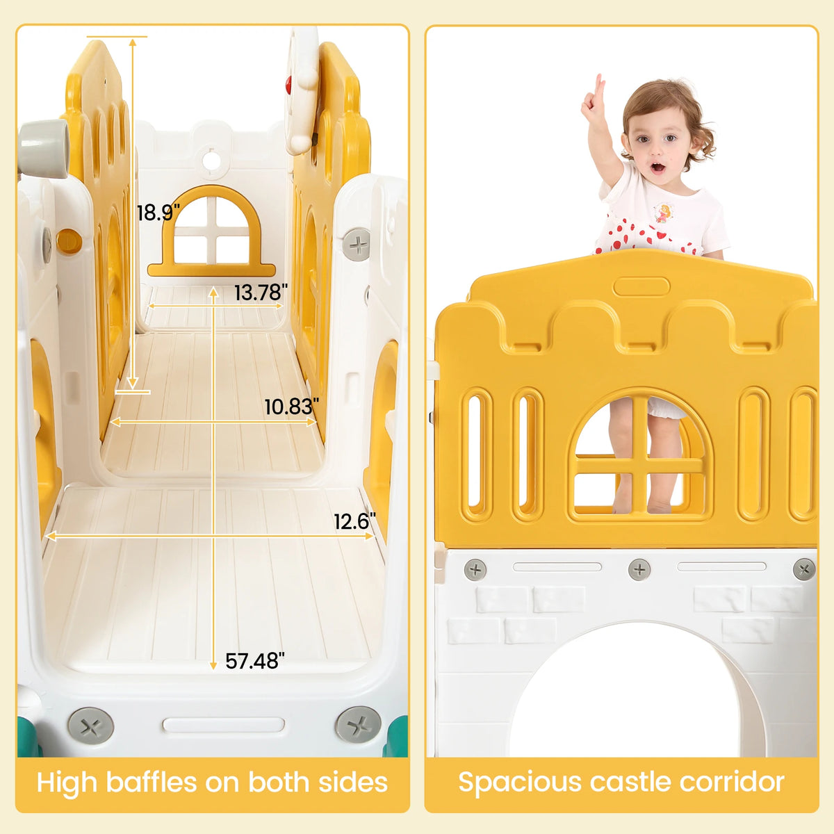Yellow and white toddler slide and playground playset featuring high baffles and a spacious castle corridor