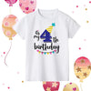 A white kids birthday number t-shirt featuring the text Its my 4th birthday with colorful decorations.