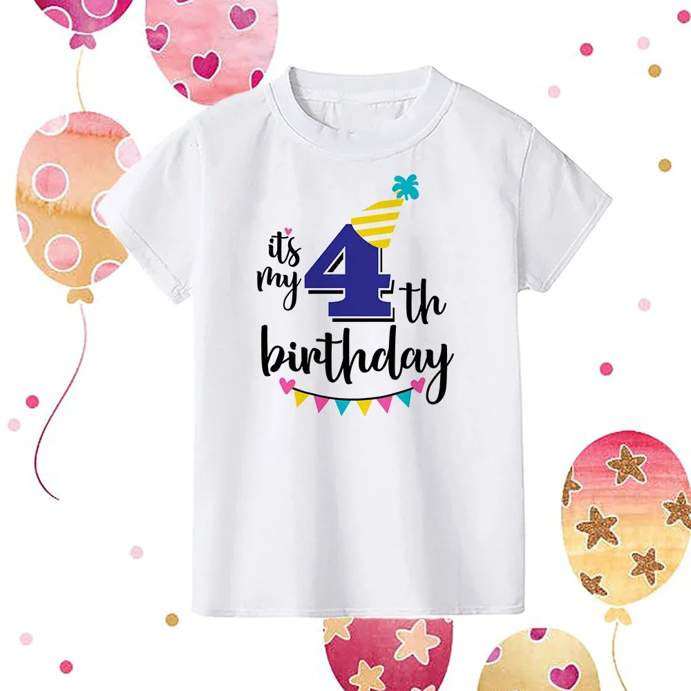 A white kids birthday number t-shirt featuring the text Its my 4th birthday with colorful decorations.