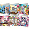 A set of DIY diamond painting birthday cards featuring kittens, flowers, and butterflies.