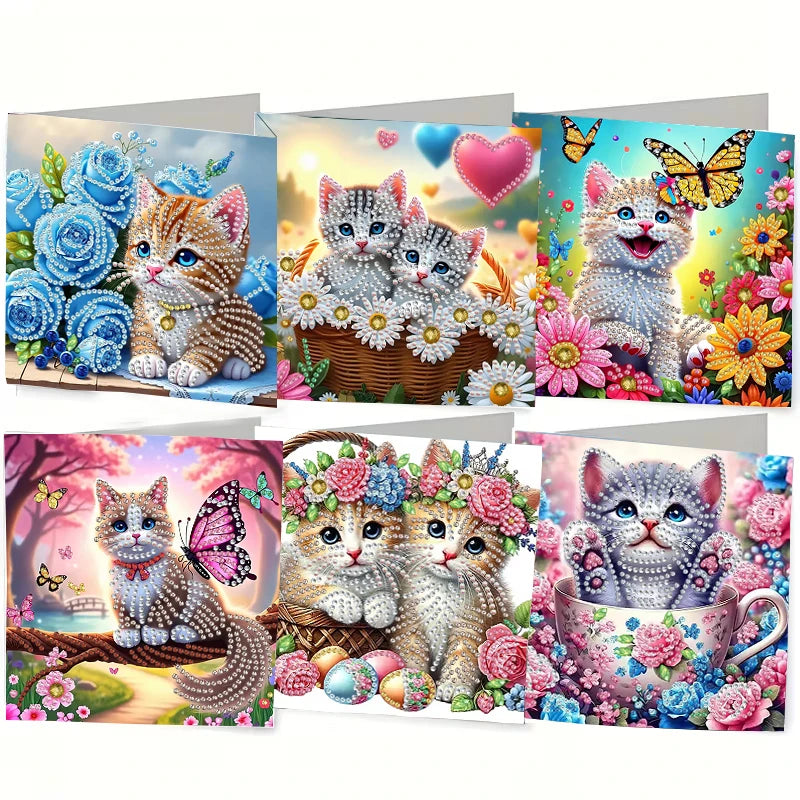 A set of DIY diamond painting birthday cards featuring kittens, flowers, and butterflies.