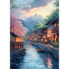 A vibrant painting depicting a traditional Asian landscape with pink blossoms, mountains, and a wooden bridge over a flowing 