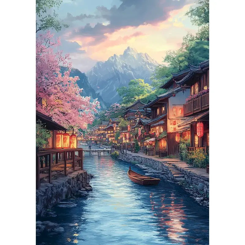 A vibrant painting depicting a traditional Asian landscape with pink blossoms, mountains, and a wooden bridge over a flowing 